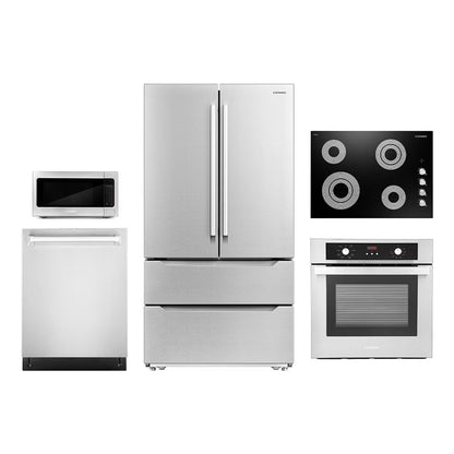 2026 NEW Cosmo 5 Piece Kitchen Appliance Package With 30" Electric Cooktop 24" Single Electric Wall Oven 30" Over-the-range Microwave French Door Refrigerator & 24" Built-in Fully Integrated Dishwasher