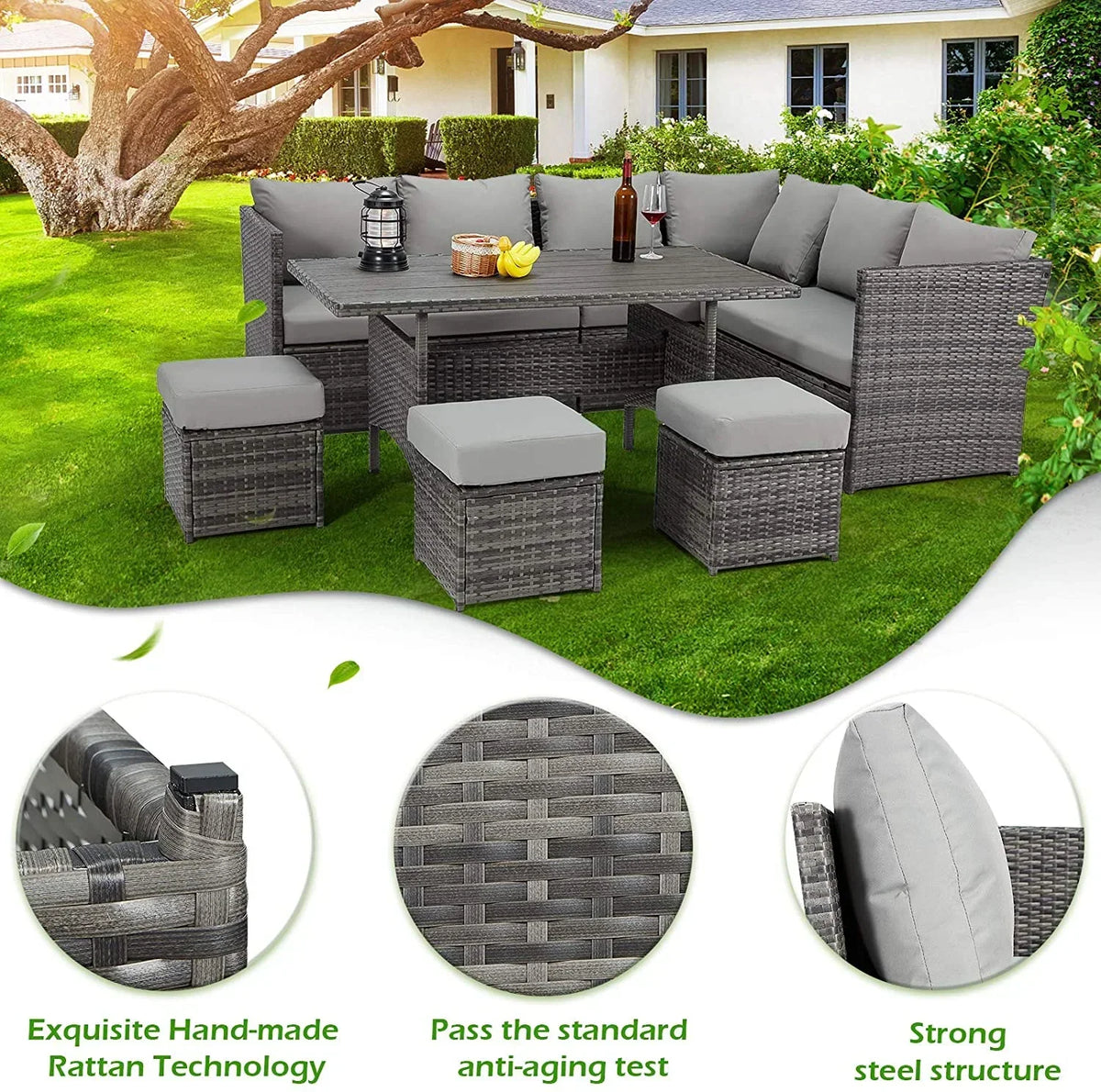 2026 NEW AECOJOY 7 Piece Patio Furniture Set PE Rattan Outdoor Dining Set Sectional Sofa Couch with Table Patio Conversation Set in Gray