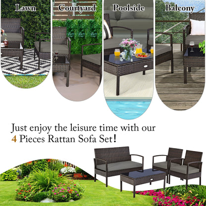 2026 NEW Costway 4pcs Patio Rattan Wicker Furniture Set Loveseat Sofa Cushioned Garden Yard