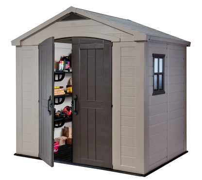 2026 NEW Keter Factor 8 x 11 Foot All Weather Resin Outdoor Storage Shed, Taupe