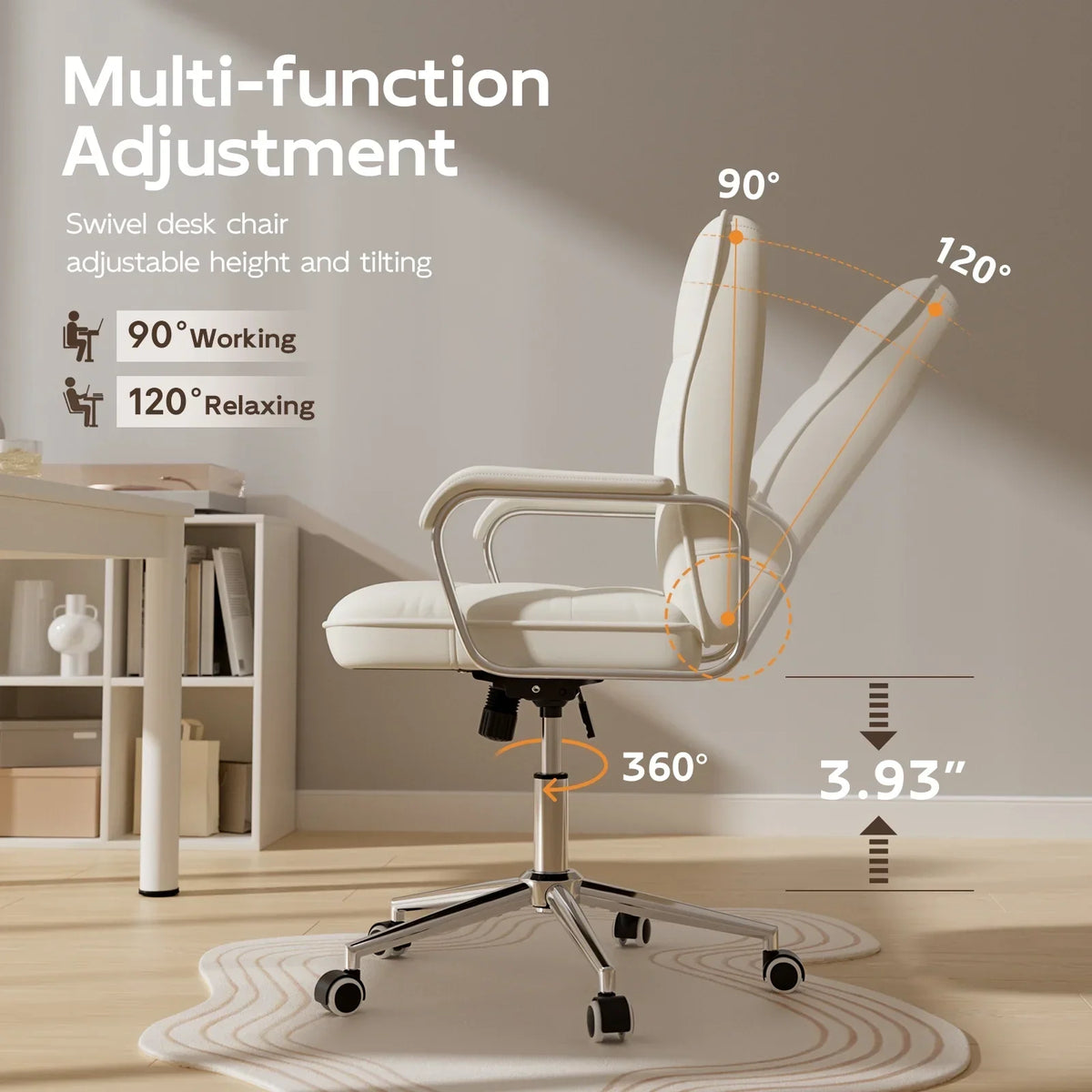2026 NEW Solfway White Office Chair, Swivel Leather Computer Desk Chair with Wheels and Padded Arms, Executive Office Chair for Adults