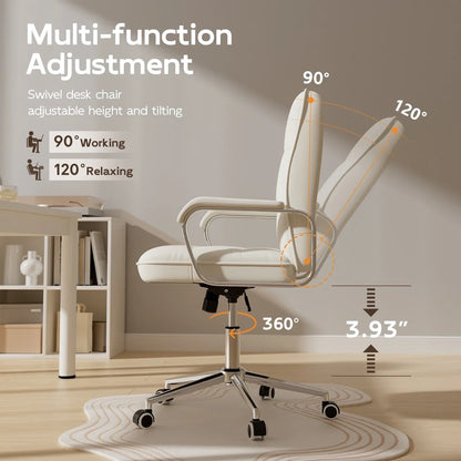 2026 NEW Solfway White Office Chair, Swivel Leather Computer Desk Chair with Wheels and Padded Arms, Executive Office Chair for Adults