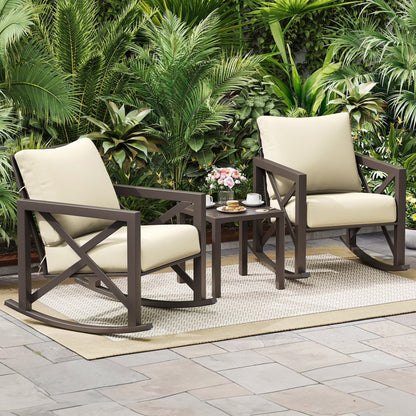 2026 NEW MRUAKA Rocking Chair Bistro Set,3 Piece Outdoor Patio Furniture Set with 2 Rockers and 1 Metal Coffee Table with Thick Cushions for Porch,Backyard,Poolside,Beige