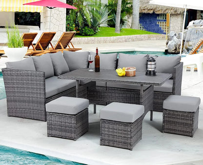 2026 NEW AECOJOY 7 Piece Patio Furniture Set PE Rattan Outdoor Dining Set Sectional Sofa Couch with Table Patio Conversation Set in Gray