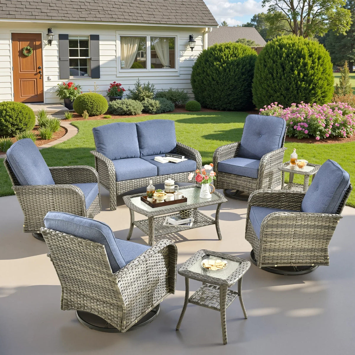 2026 NEW Ovios 5 Pieces Outdoor Patio Furniture Set High Back All Weather Wicker Conversation Set with Swivel Chairs & Coffee Table, Dark Gray