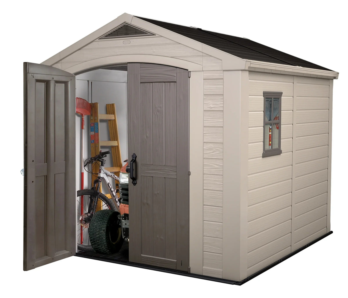 2026 NEW Keter Factor 8 x 11 Foot All Weather Resin Outdoor Storage Shed, Taupe