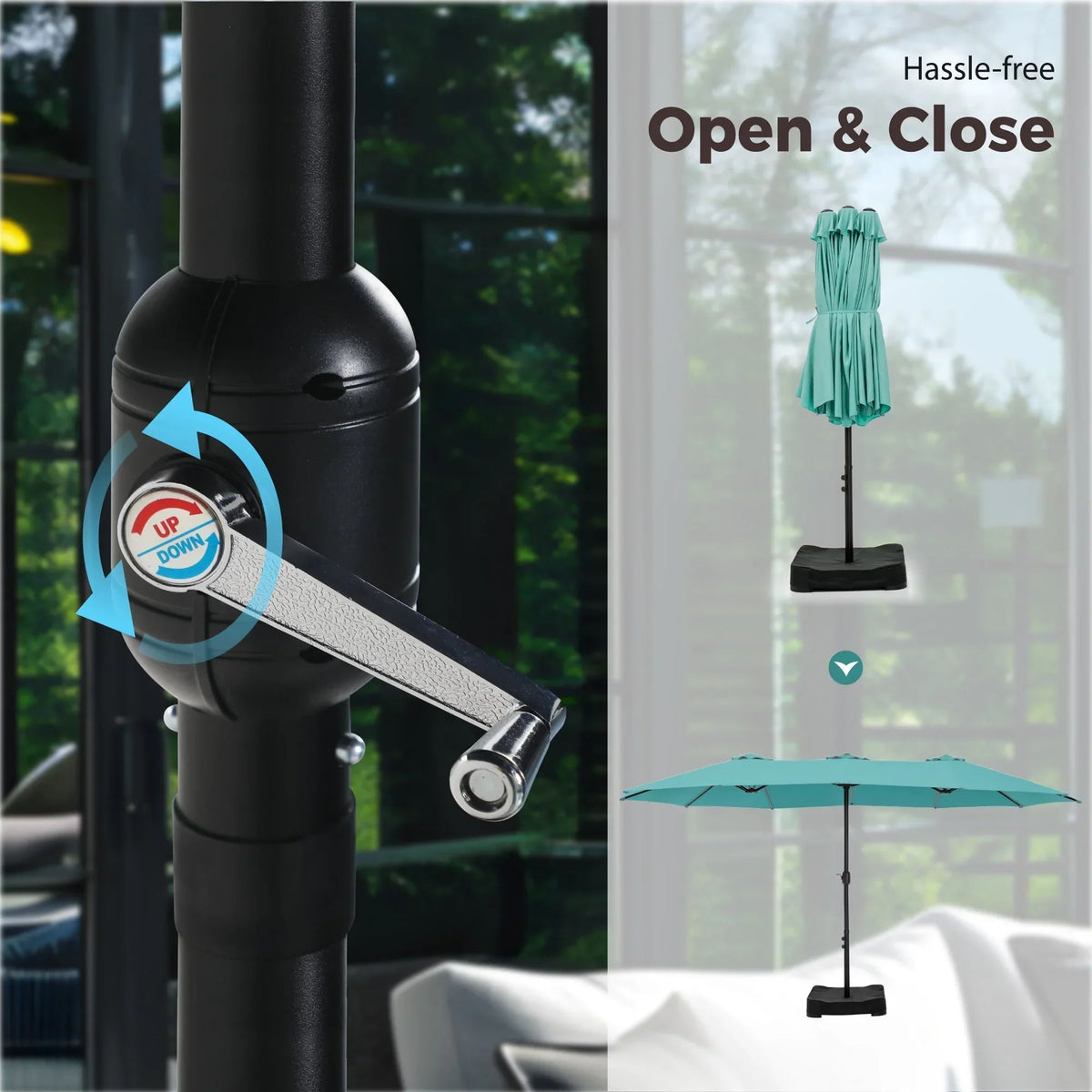 2026 NEW Alpha Joy 15ft Outdoor Patio Umbrella Extra-Large Double-Sided Garden Umbrella with Crank Handle and Base - Smoky Gray