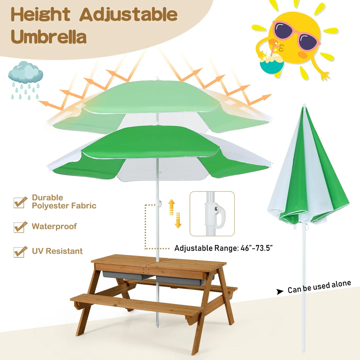 2026 NEW Costway 3-in-1 Kids Picnic Table Wooden Outdoor Sand & Water Table with Umbrella Play Boxes Green