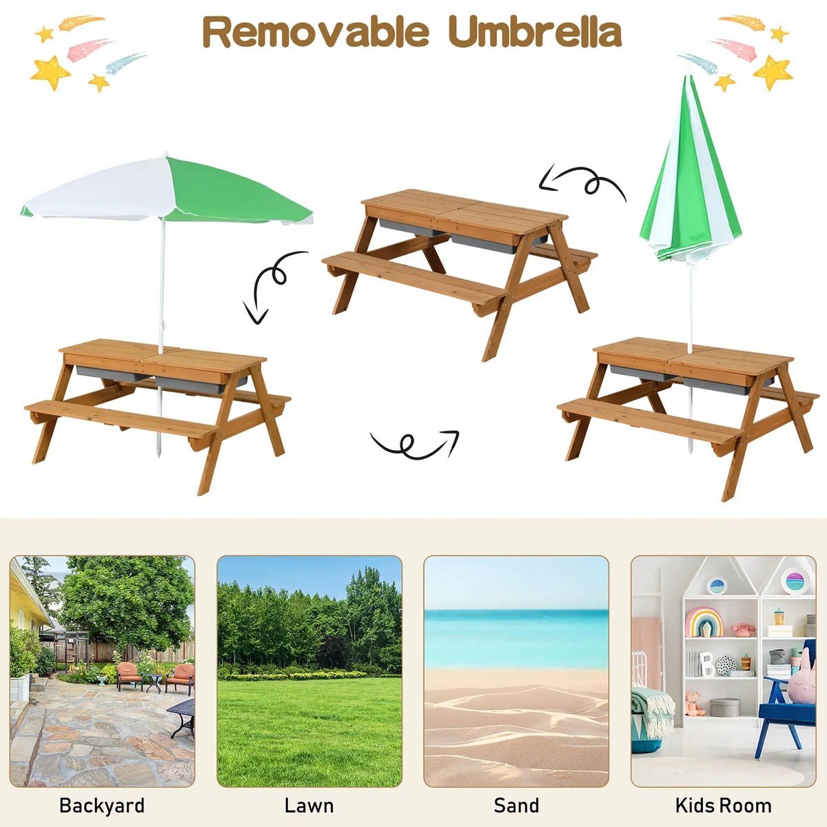 2026 NEW Costway 3-in-1 Kids Picnic Table Wooden Outdoor Sand & Water Table with Umbrella Play Boxes Green