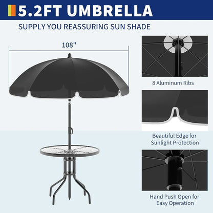2026 NEW 6 Pieces Outdoor Dining Set With Umbrella, Patio Table and 4 Folding Chairs With Umbrella, Garden Patio Furniture Set With Umbrellas, Tempered Glass Top Dining Table