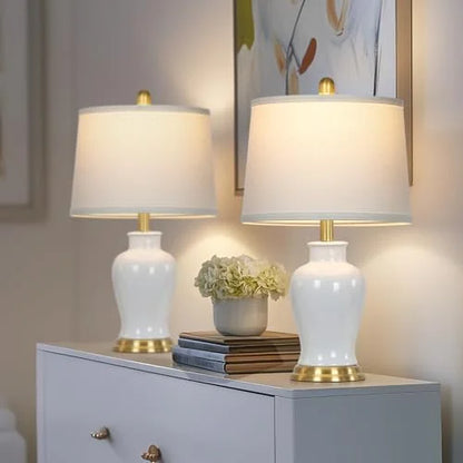 2026 NEW Modern Ceramic Table Lamps Set of 2, 23" White Ceramic Lamps for Living Room, Rustic Farmhouse Bedside Lamp with Ginger Jar Design, Elegant Bedroom Lamp for Nightstand Desk Side End Table Home Decor