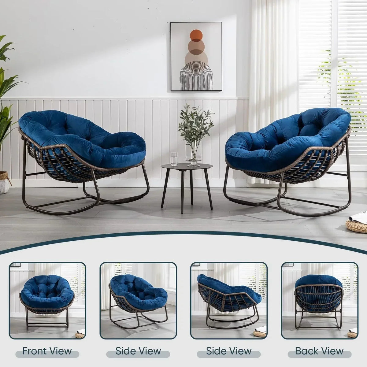 2026 NEW Outdoor Papasan Rocking Chair, Patio Oversized Wicker Egg Rocking Chair, Indoor & Outdoor Comfy Rocker Chair with Thick Cushion, Modern Lounge Chair for Front Porch, Garden, Backyard, Grey