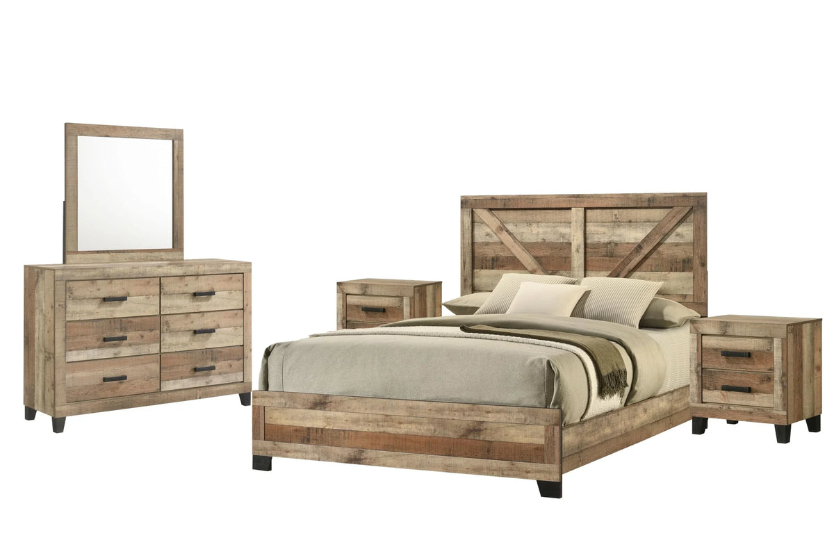 2026 NEW Kings Brand Furniture Biloxi Farmhouse Classic 5-Piece Bedroom Set - Bed Frame with Headboard, Dresser, Mirror and 2 Nightstands (King)