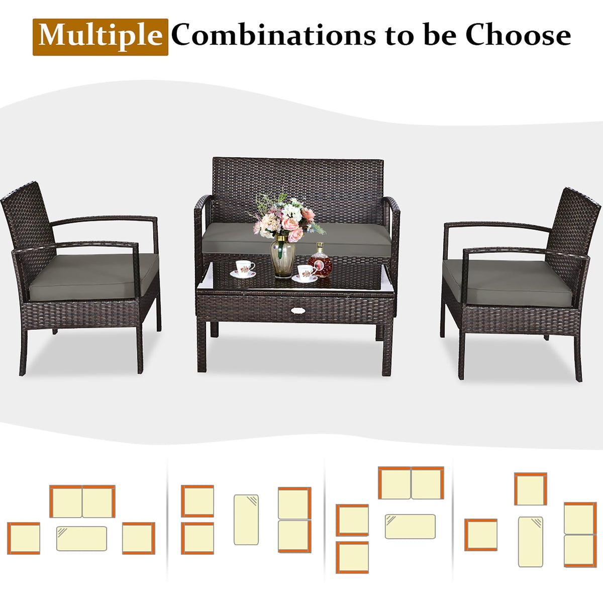 2026 NEW Costway 4pcs Patio Rattan Wicker Furniture Set Loveseat Sofa Cushioned Garden Yard