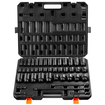 2026 NEW SKYSHALO 43-Pc Impact Socket Set, 1/2" Drive, SAE 3/8"-1-1/2", Deep & Shallow, 6-Point, Cr-Mo Steel, for Automotive Repair, Clear Size Labels, Durable