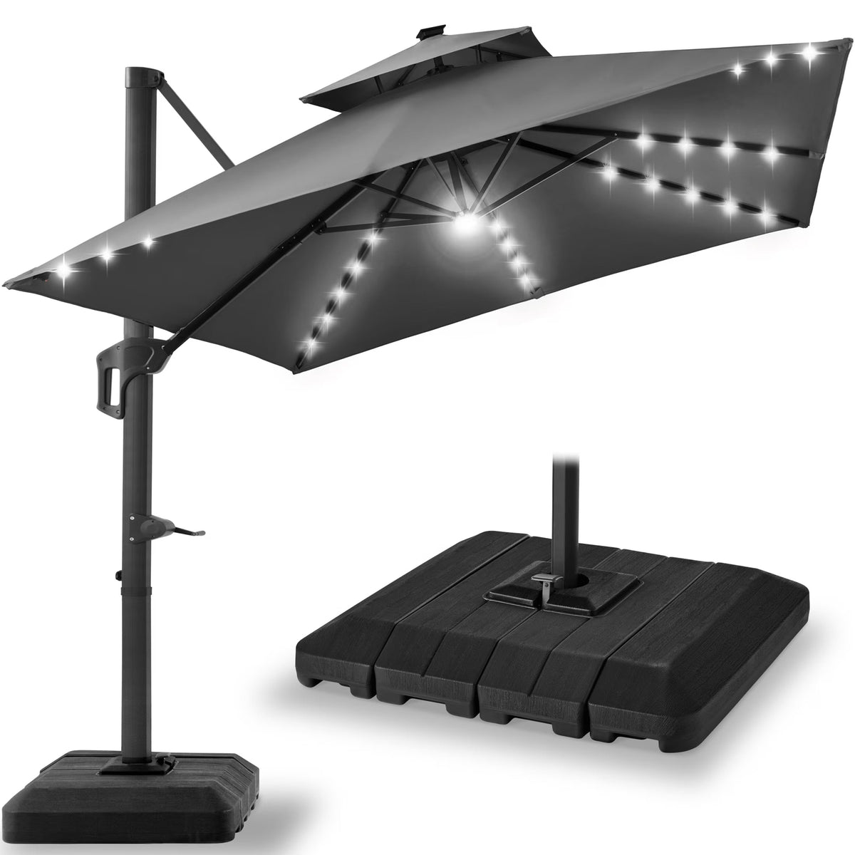 2026 NEW Best Choice Products 10x10ft 2-Tier Square Outdoor Solar LED Cantilever Patio Umbrella w/ Base Included - Tan