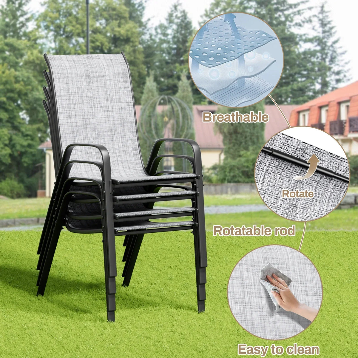 2026 NEW Pirecart 5-Piece Outdoor Patio Dining Table Set with 4 Stackable Textilene Chairs for for Patio, Lawn, Garden, Gray