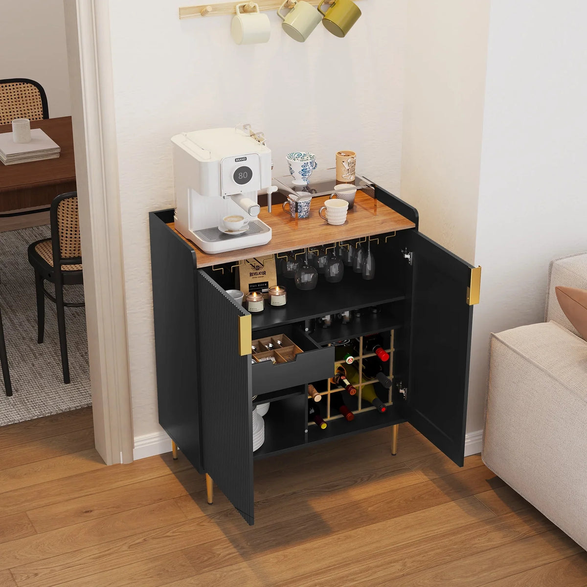 2026 NEW CBJCBJ 32" Wine Bar Cabinet with 2 Door Fluted Texture, Modern Coffee Cabinet with Rack&Glass Holder, Black