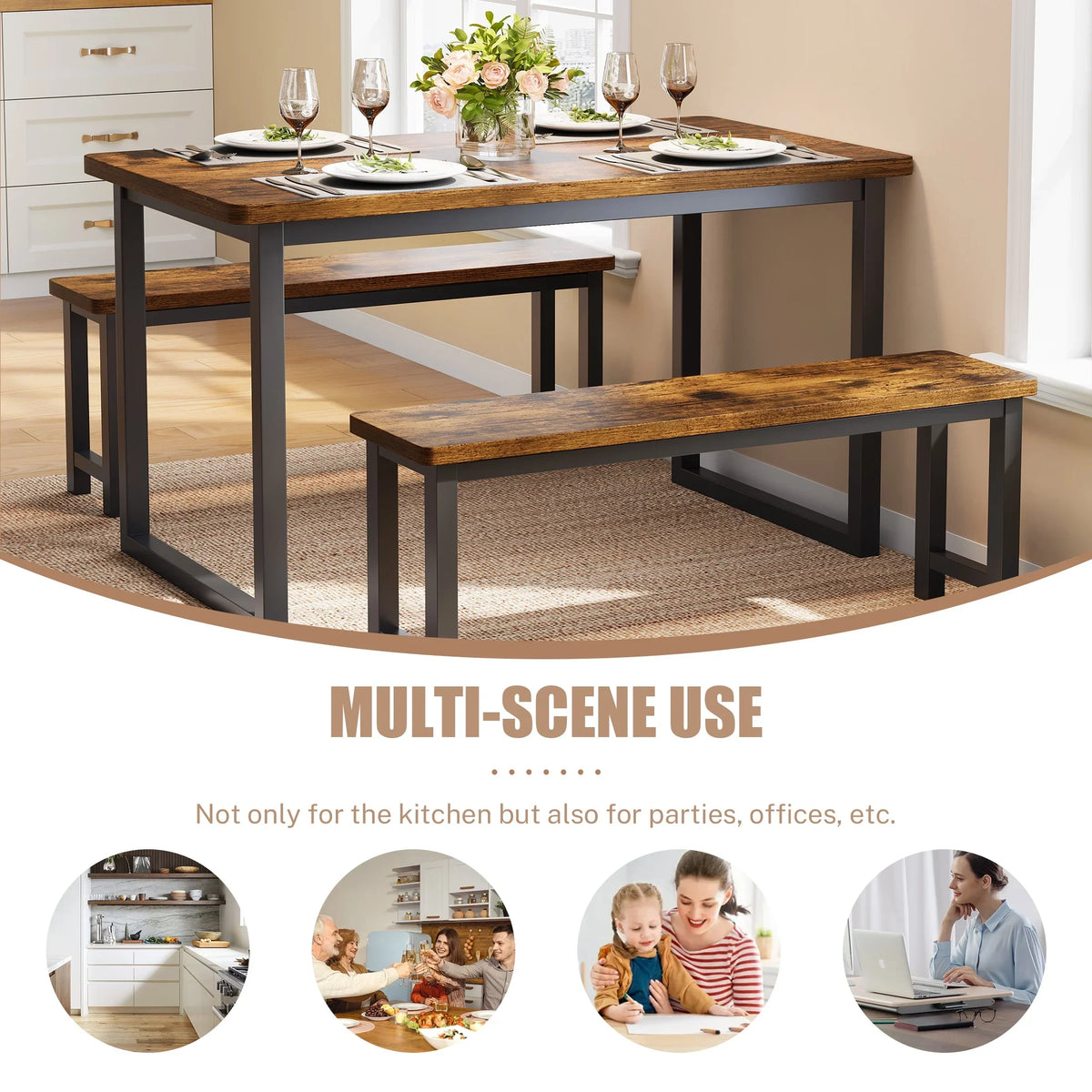 2026 NEW PORKISS Kitchen Table with 2 Benches, 3 Piece Dining Table Set, Dining Table with Faux Marble Table Top, Metal Frame, Black#