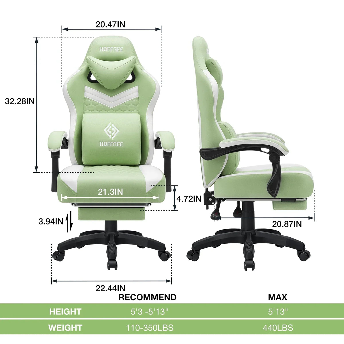 2026 NEW Hoffree Gaming Chair with Massage Fabric Office Chair with footrest for Adults, Ergonomic Gamer Chair with Headrest and Lumbar Support for Office Gaming, 440 LBS
