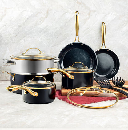 2026 NEW Gotham Steel 15 Pc Ceramic Cookware Set Nonstick, Ceramic Pots and Pans Set Non Stick with Steamer & Cooking Utensils, Non Toxic, Premium Stay Cool Handles, Oven & Dishwasher Safe, Blue