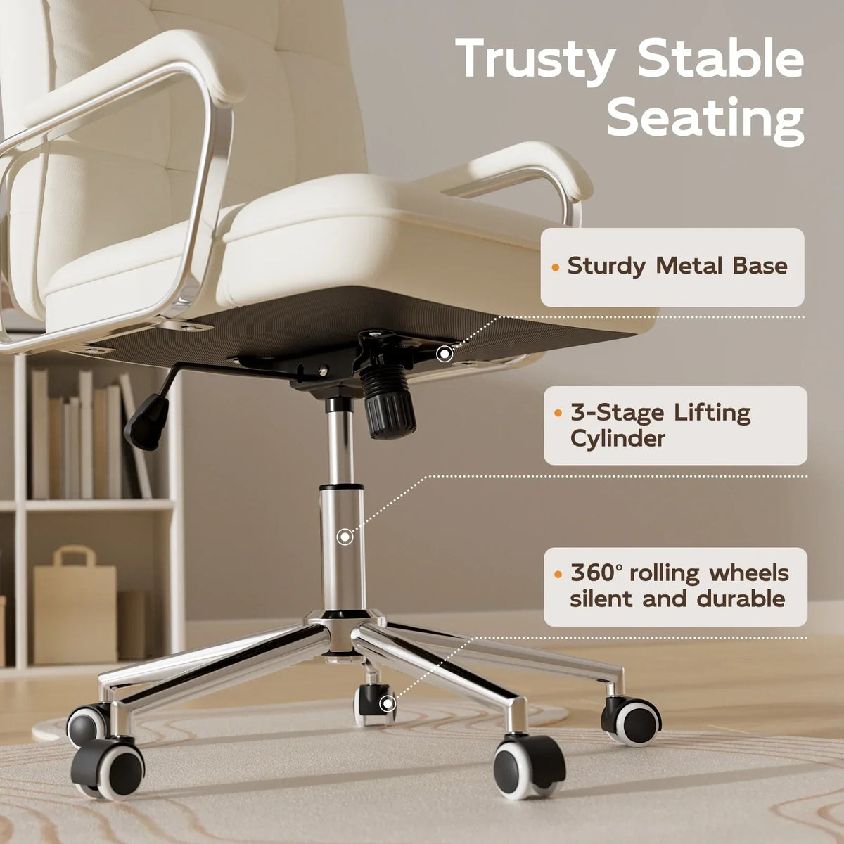2026 NEW Solfway White Office Chair, Swivel Leather Computer Desk Chair with Wheels and Padded Arms, Executive Office Chair for Adults