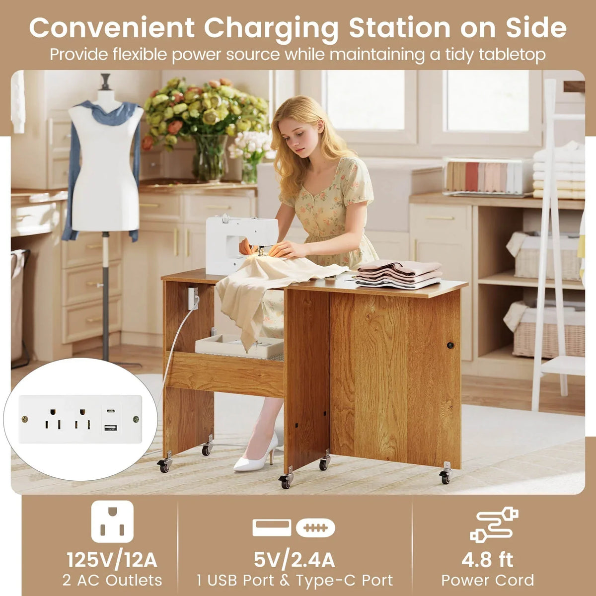 2026 NEW Costway Folding Sewing Table Rolling Craft Station with 3 Storage Bins & Charging Station Natural
