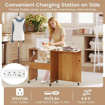 2026 NEW Costway Folding Sewing Table Rolling Craft Station with 3 Storage Bins & Charging Station Natural