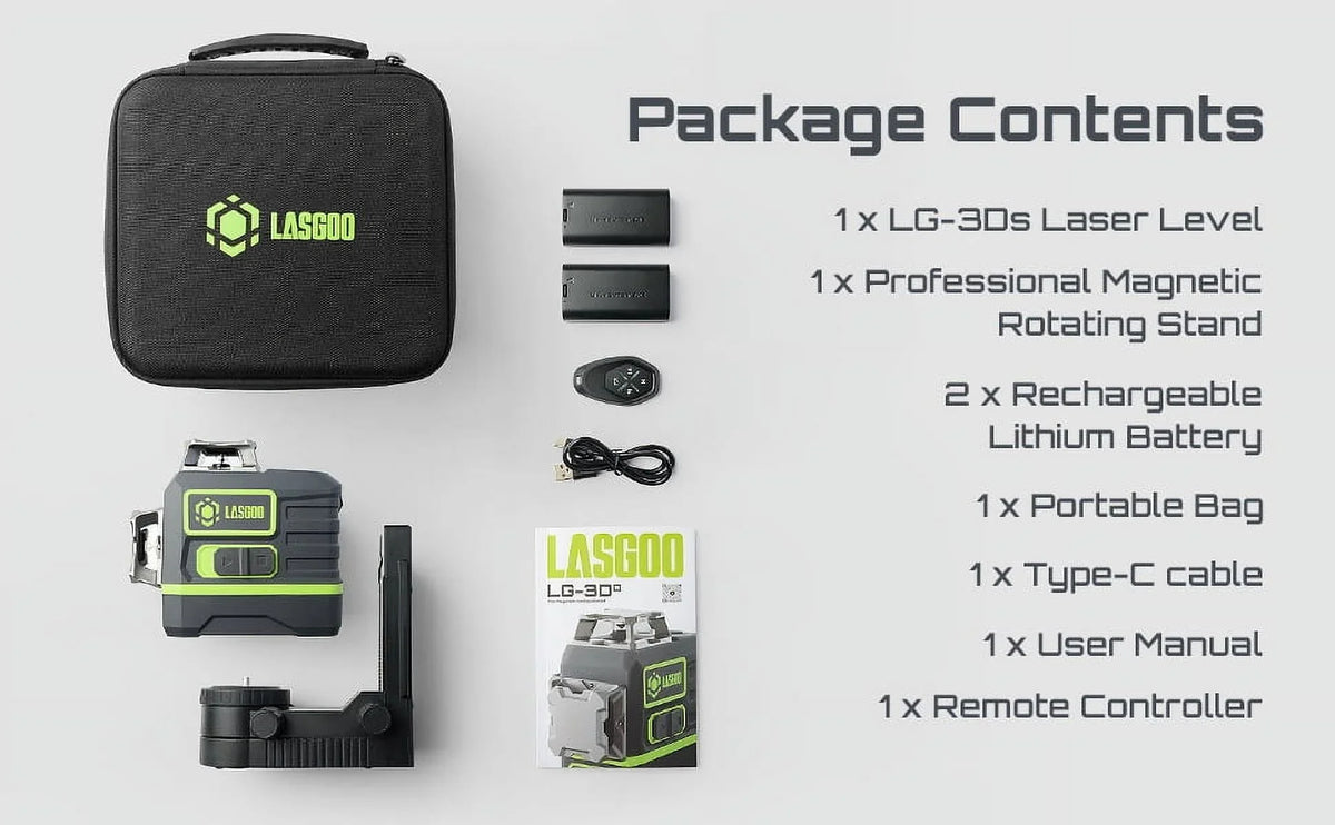 2026 NEW Laser Level 3x360- LASGOO with Remote Control, 2 Rechargeable Batteries, 100FT Range, 360- Magnetic Rotating Stand, IP54, 3Ds