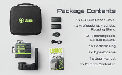 2026 NEW Laser Level 3x360- LASGOO with Remote Control, 2 Rechargeable Batteries, 100FT Range, 360- Magnetic Rotating Stand, IP54, 3Ds