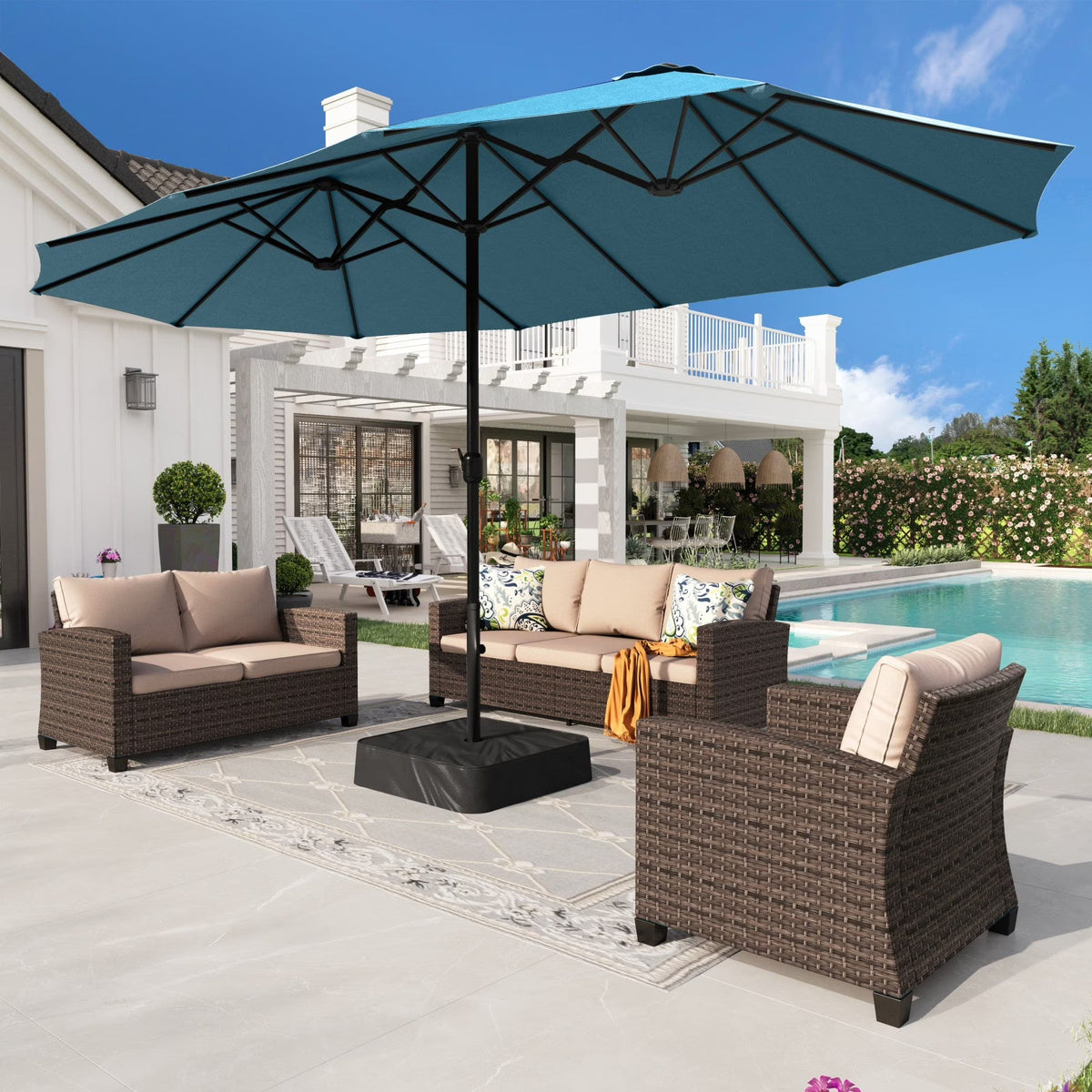 2026 NEW Alpha Joy 15ft Outdoor Patio Umbrella Extra-Large Double-Sided Garden Umbrella with Crank Handle and Base - Smoky Gray