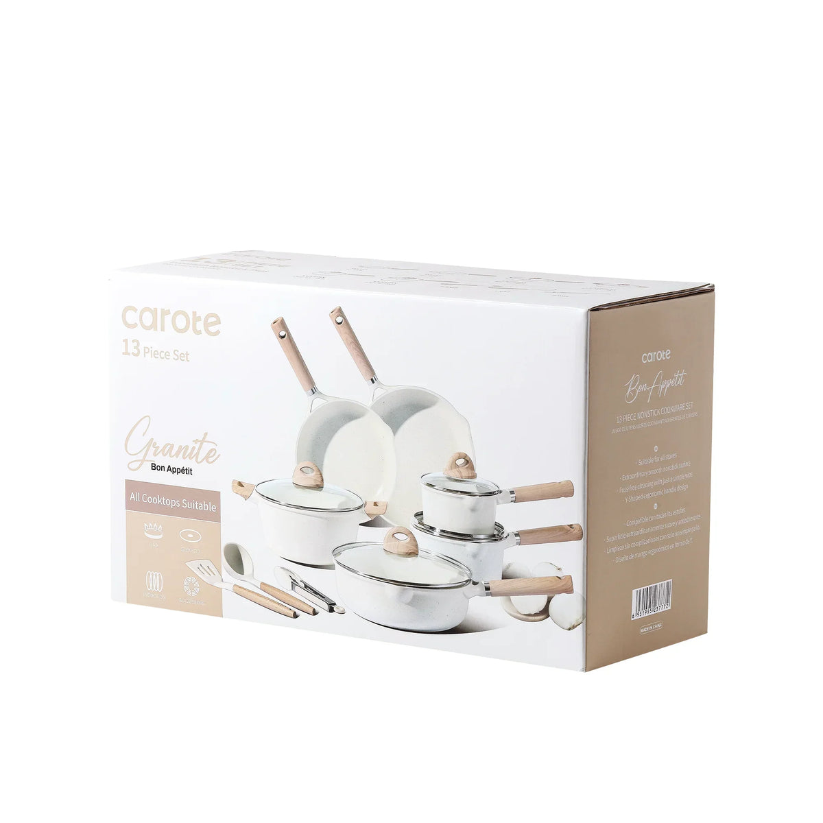 2026 NEW Carote Nonstick Pots and Pans Set, 13 Pieces Kitchen Cookware Sets Compatible for All Stoves, White Granite