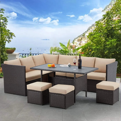 2026 NEW AECOJOY 7 Piece Patio Furniture Set PE Rattan Outdoor Dining Set Sectional Sofa Couch with Table Patio Conversation Set in Gray