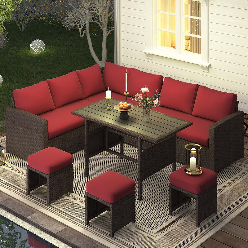 2026 NEW AECOJOY 7 Piece Patio Furniture Set PE Rattan Outdoor Dining Set Sectional Sofa Couch with Table Patio Conversation Set in Gray