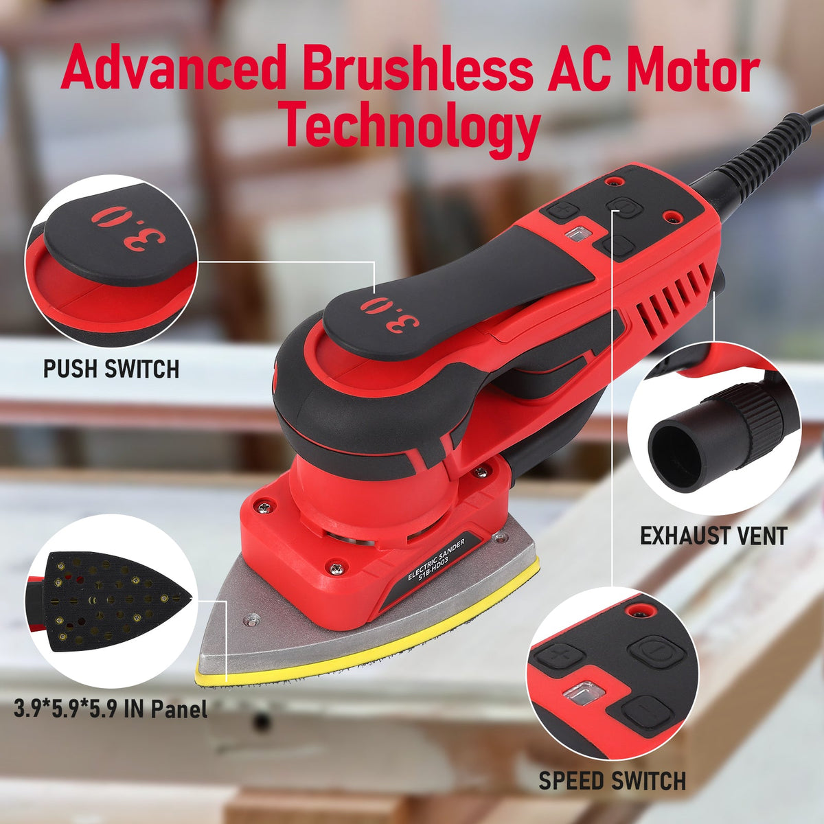 2026 NEW M optimized Electric Detail Sander with 12 Sanding Paper, 350W Brushless Motor Mouse Sander, Powerful & Low Vibration, 10000 RPM, for Wood Working