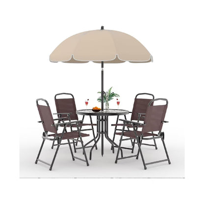 2026 NEW 6 Pieces Outdoor Dining Set With Umbrella, Patio Table and 4 Folding Chairs With Umbrella, Garden Patio Furniture Set With Umbrellas, Tempered Glass Top Dining Table