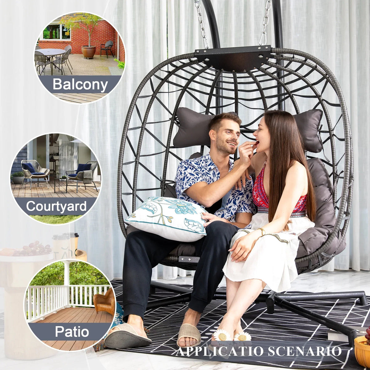 2026 NEW RADIATA Double Wicker Egg Swing Chair with Stand, 2-Person Hanging Egg Chair for Indoor/Outdoor, 700lbs Capacity, Thick Cushions & Headrest,Sturdy Metal Frame"Dark Gray