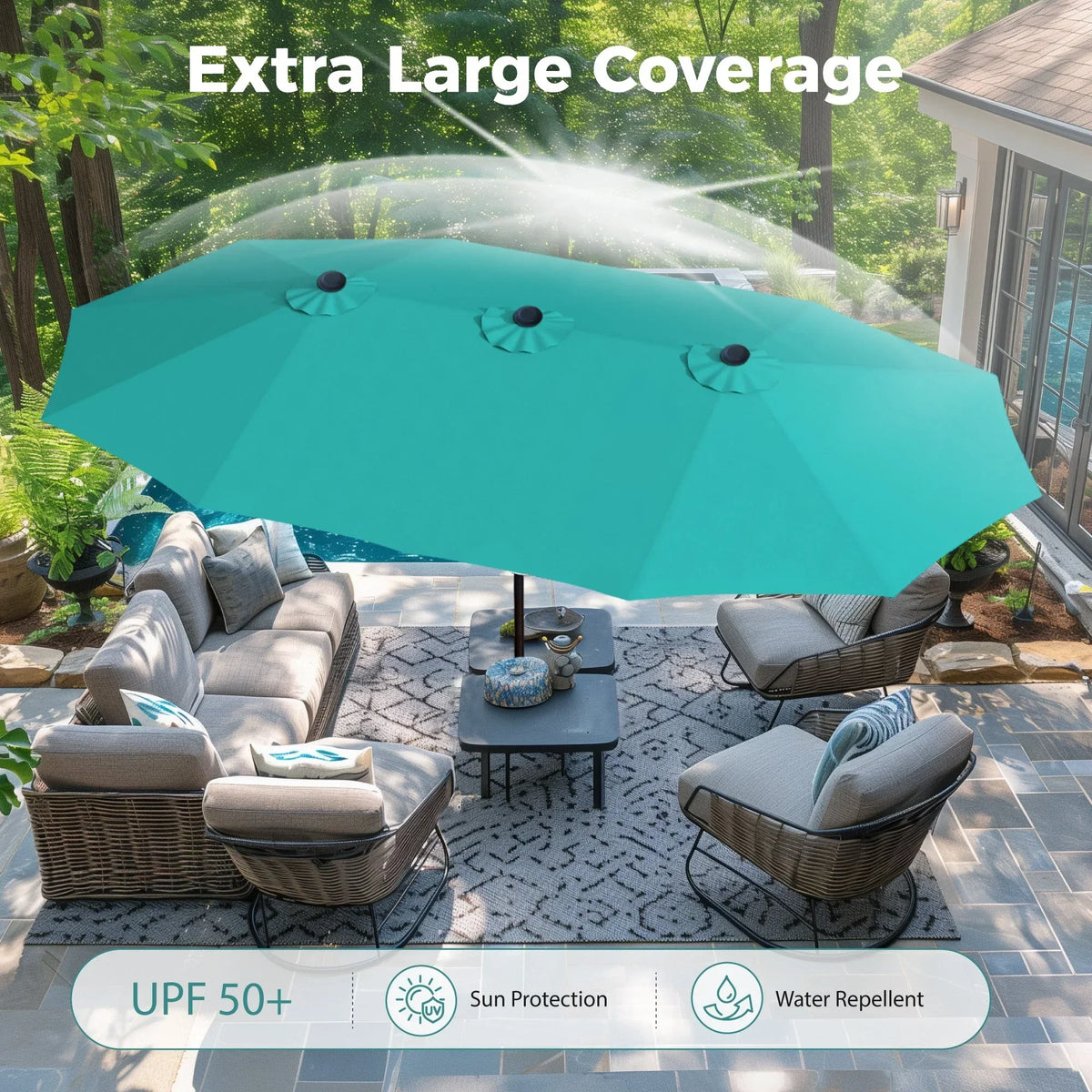 2026 NEW Alpha Joy 15ft Outdoor Patio Umbrella Extra-Large Double-Sided Garden Umbrella with Crank Handle and Base - Smoky Gray