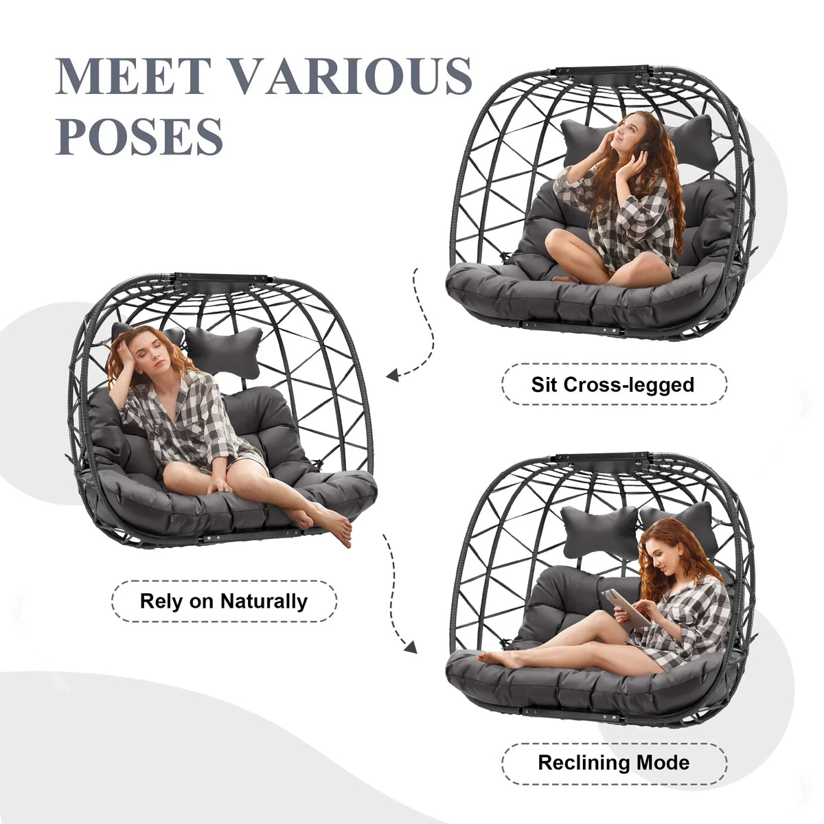 2026 NEW RADIATA Double Wicker Egg Swing Chair with Stand, 2-Person Hanging Egg Chair for Indoor/Outdoor, 700lbs Capacity, Thick Cushions & Headrest,Sturdy Metal Frame"Dark Gray