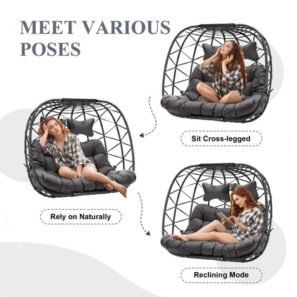 2026 NEW RADIATA Double Wicker Egg Swing Chair with Stand, 2-Person Hanging Egg Chair for Indoor/Outdoor, 700lbs Capacity, Thick Cushions & Headrest,Sturdy Metal Frame"Dark Gray