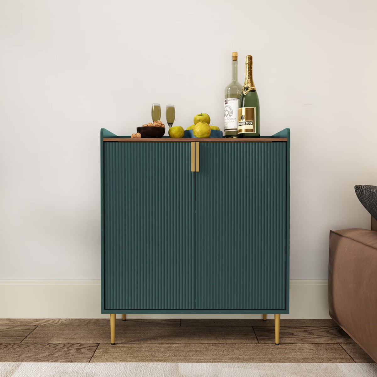2026 NEW CBJCBJ 32" Wine Bar Cabinet with 2 Door Fluted Texture, Modern Coffee Cabinet with Rack&Glass Holder, Black