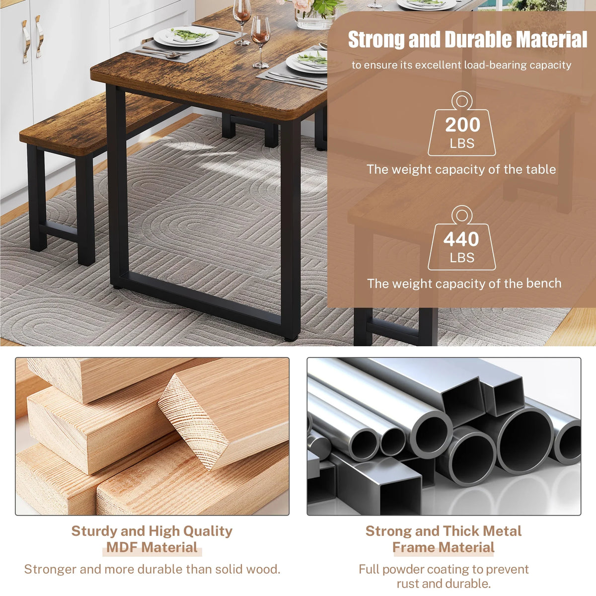 2026 NEW PORKISS Kitchen Table with 2 Benches, 3 Piece Dining Table Set, Dining Table with Faux Marble Table Top, Metal Frame, Black#