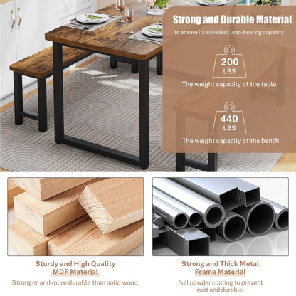 2026 NEW PORKISS Kitchen Table with 2 Benches, 3 Piece Dining Table Set, Dining Table with Faux Marble Table Top, Metal Frame, Black#