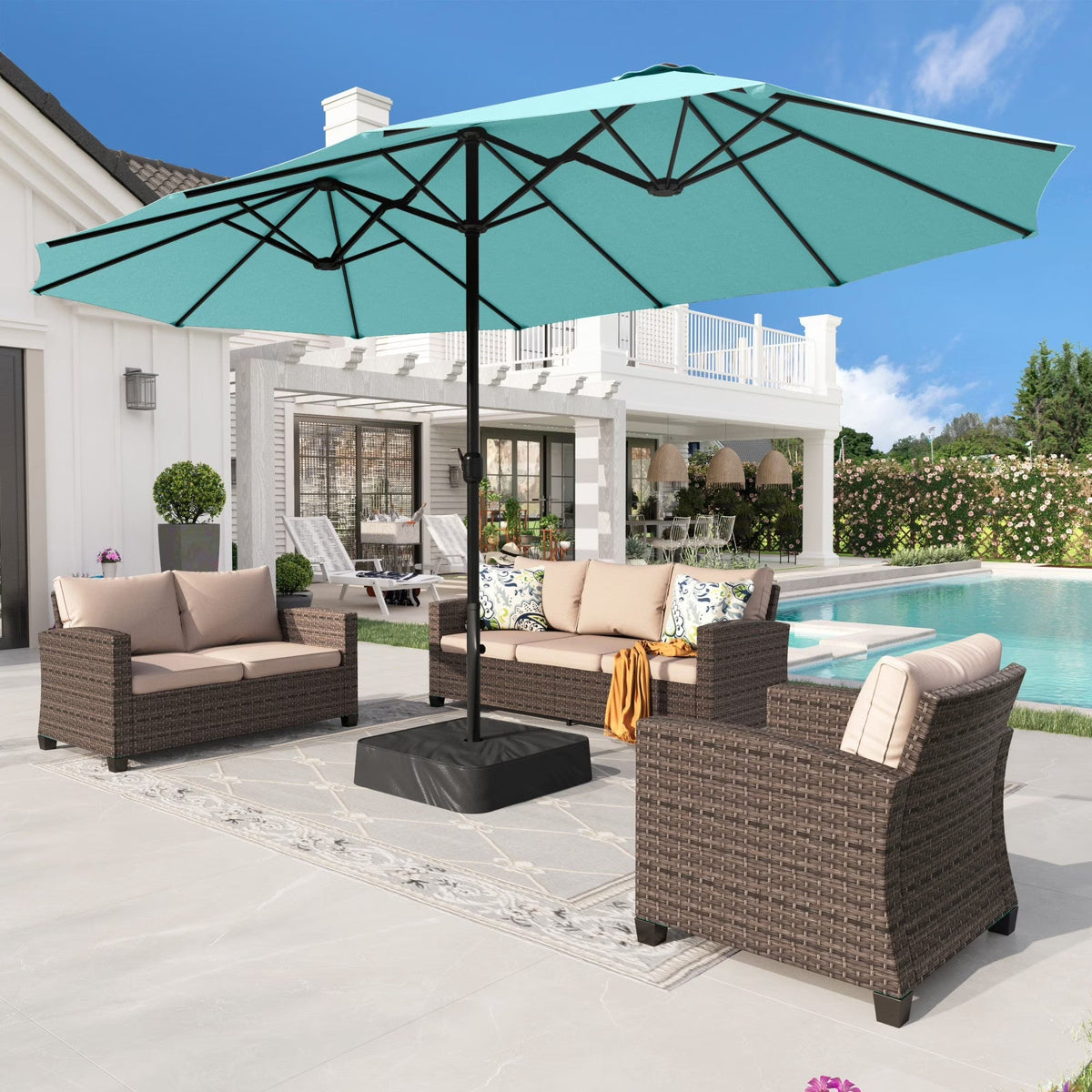 2026 NEW Alpha Joy 15ft Outdoor Patio Umbrella Extra-Large Double-Sided Garden Umbrella with Crank Handle and Base - Smoky Gray
