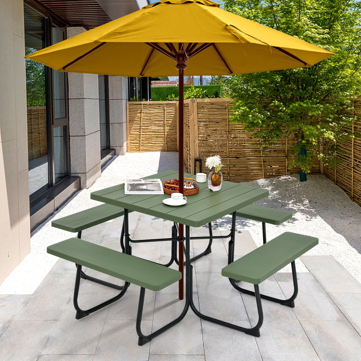 2026 NEW Gymax Outdoor Picnic Table 8-person Square Picnic Table Bench Set w/ 4 Benches & Umbrella Hole Green