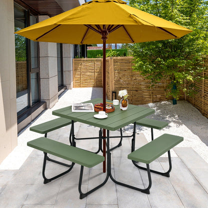 2026 NEW Gymax Outdoor Picnic Table 8-person Square Picnic Table Bench Set w/ 4 Benches & Umbrella Hole Green