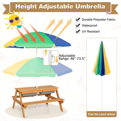 2026 NEW Costway 3-in-1 Kids Picnic Table Wooden Outdoor Sand & Water Table with Umbrella Play Boxes Green