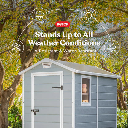 2026 NEW Keter 213413 Manor DD 6 X 8 Foot All Weather Outdoor Storage Shed, Grey