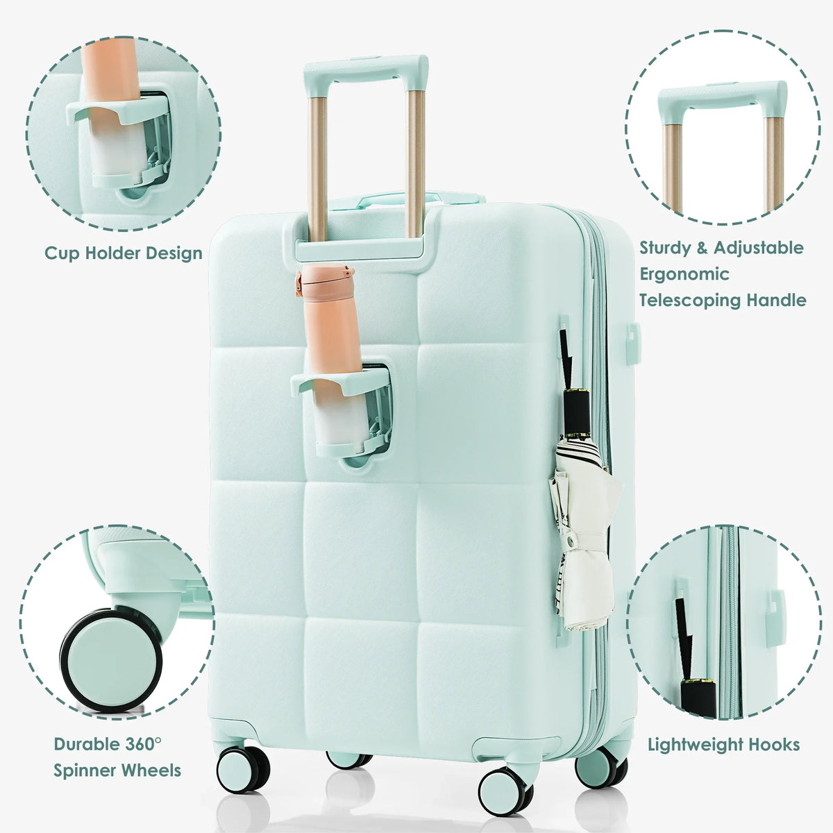 2026 NEW Luggage Set of 3, 20-inch with USB Port, Airline Certified Carry-on Luggage with Cup Holder, ABS Hard Shell Luggage with Spinner Wheels, white