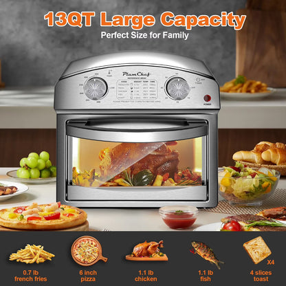 2026 NEW PlumChef 13 Quart 4 Slices Air Fryer Convection Toaster Oven, 1500W, 7 in 1 Multifunction with Roast, Bake, Grill, Broil, Toast, Dehydrate, Defrost